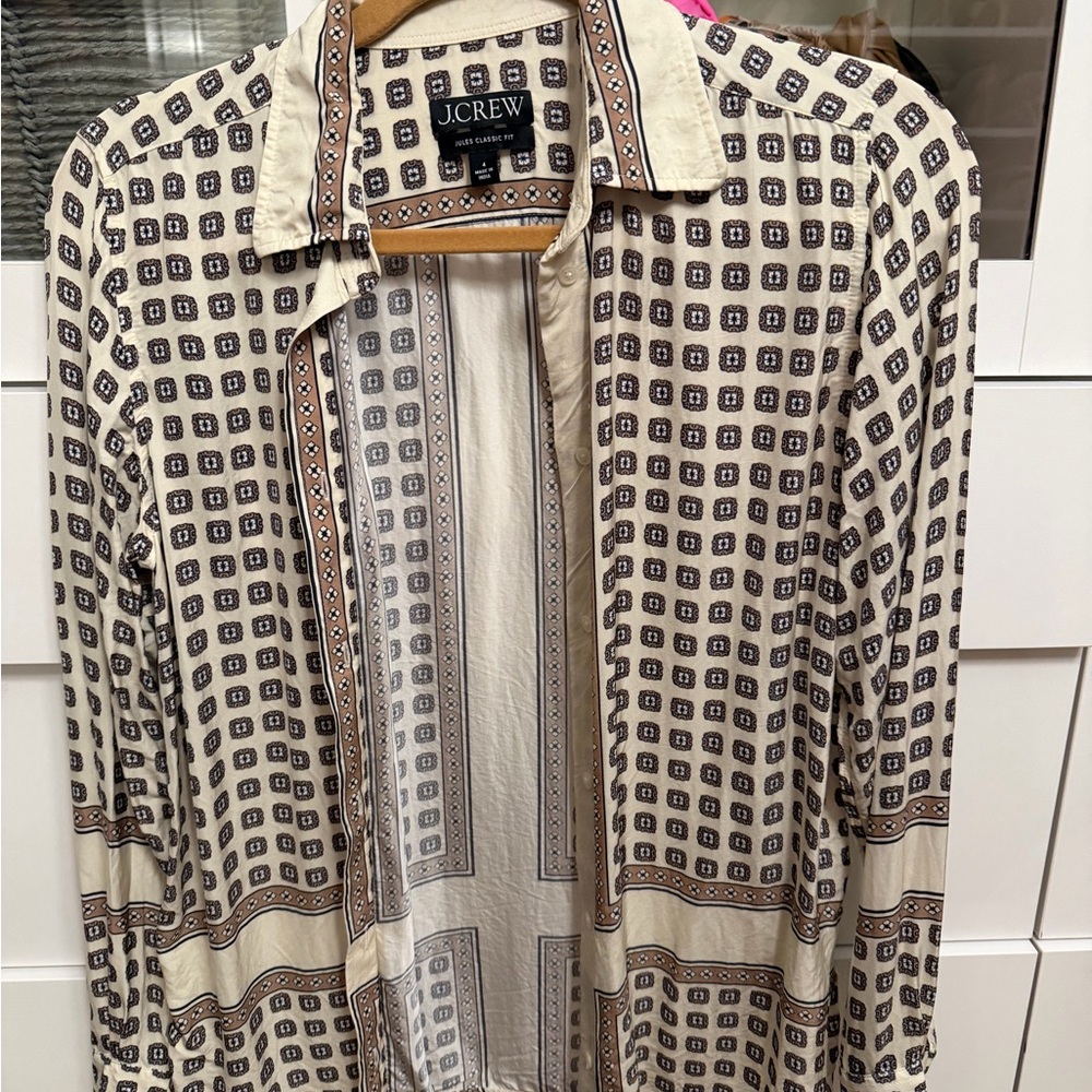 J. Crew Cream and Tan Patterned Lightweight Button down top 4